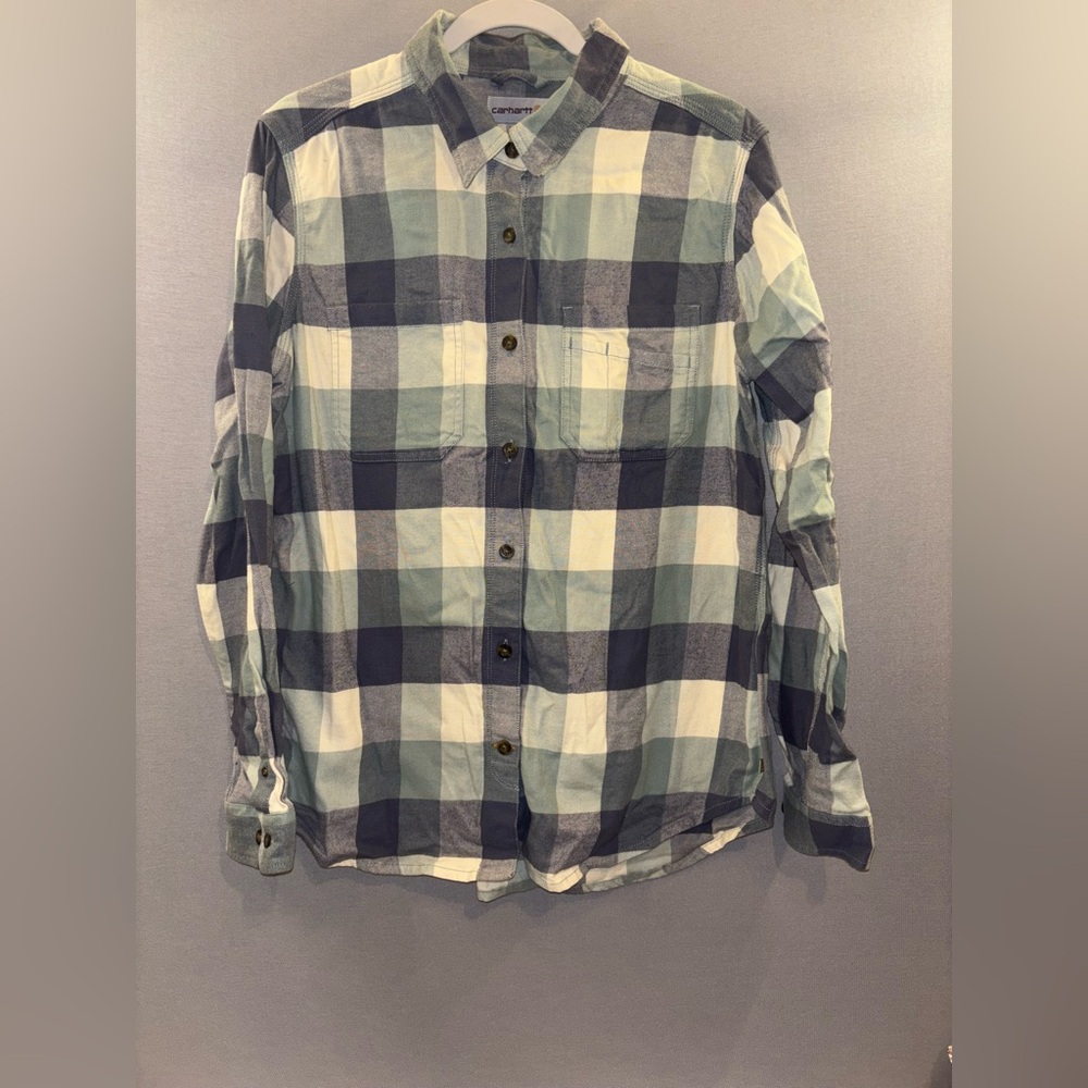 Carhartt women’s large 12/14 flannel plaid button down shirt blue cream utility
